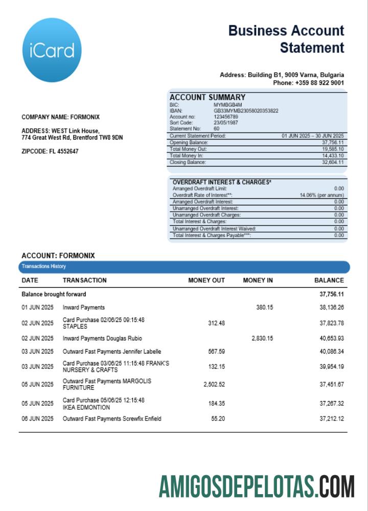Exemplo de extrato bancário comercial ICard em formato Word e PDF